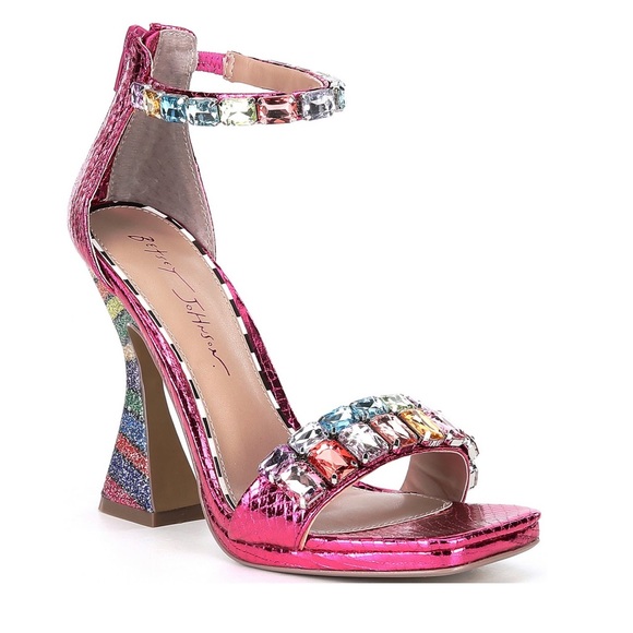 NEW BETSEY JOHNSON Emani Jewel Embellished Rainbow Colors Glitter Heels SandalS - Picture 11 of 11